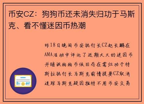 币安CZ：狗狗币还未消失归功于马斯克、看不懂迷因币热潮