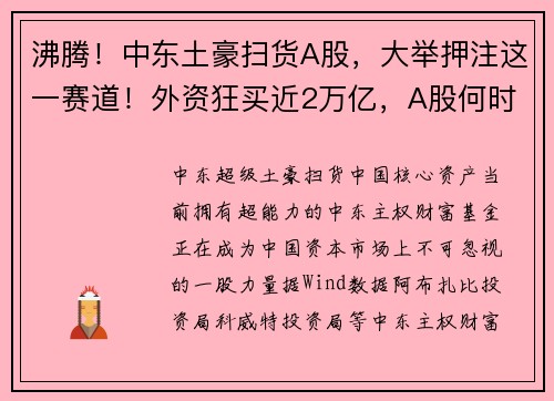 沸腾！中东土豪扫货A股，大举押注这一赛道！外资狂买近2万亿，A股何时崛起？ 