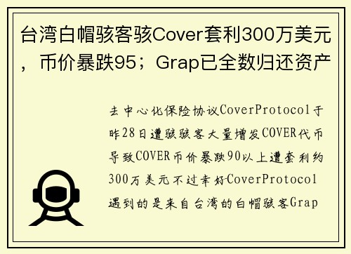 台湾白帽骇客骇Cover套利300万美元，币价暴跌95；Grap已全数归还资产